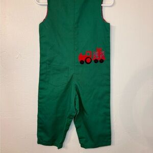 Vintage Lisa Jackson  Green Christmas holiday Overalls with Red  plaid appliqué